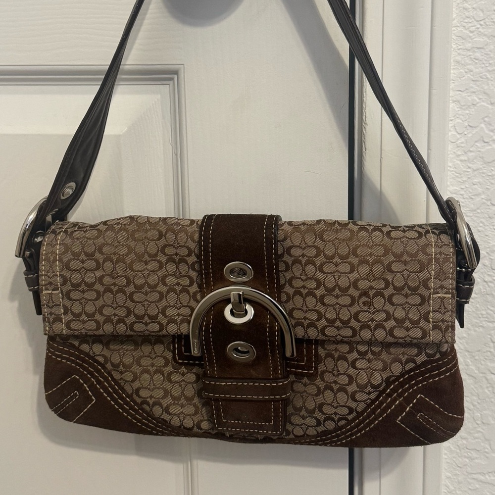 Coach Y2K Soho Brown Signature Canvas Shoulder Bag w/Suede and Leather Trim